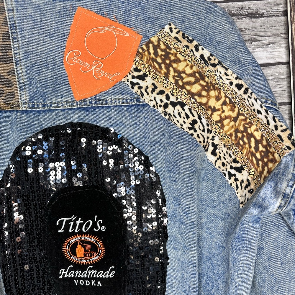 Recycled UpCycled Vintage NWOT Tito’s Crown Royal Denim Jean Jacket Gypsy Hippie - Picture 3 of 7